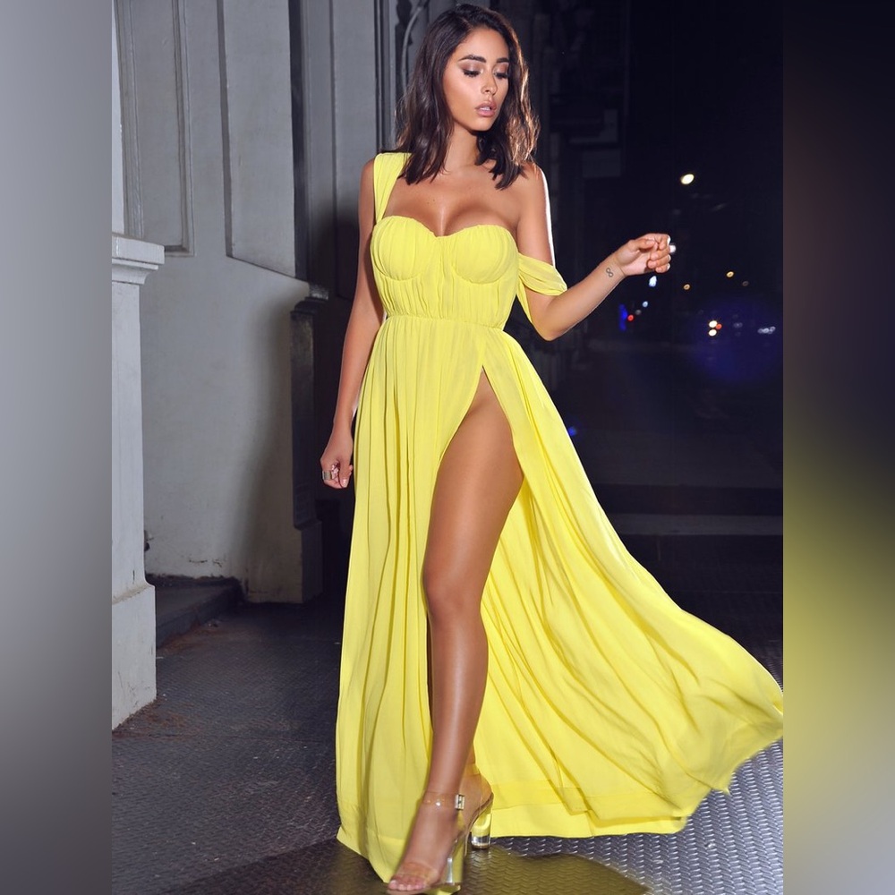 YELLOW PARADISE HIGH SLIT CHIFFON MAXI DRESS